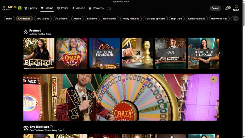 BetMGM live casino with featured blackjack and roulette games.